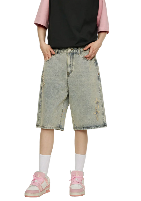 Patchwork Cross Star Embroidered Denim Shorts - PSYLOS 1, Patchwork Cross Star Embroidered Denim Shorts, Shorts, iconslab, PSYLOS 1