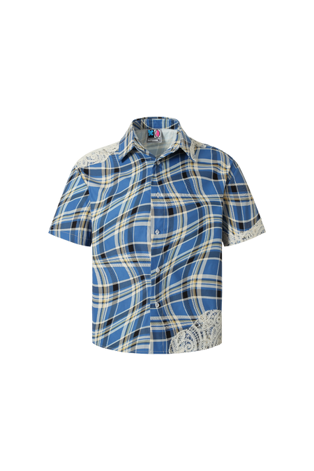 YADcrew | Plaid Lace Stitching Trendy Loose Short-Sleeved Shirt - PSYLOS 1, YADcrew | Plaid Lace Stitching Trendy Loose Short-Sleeved Shirt, Shirts, YADcrew•JAPAN, PSYLOS 1
