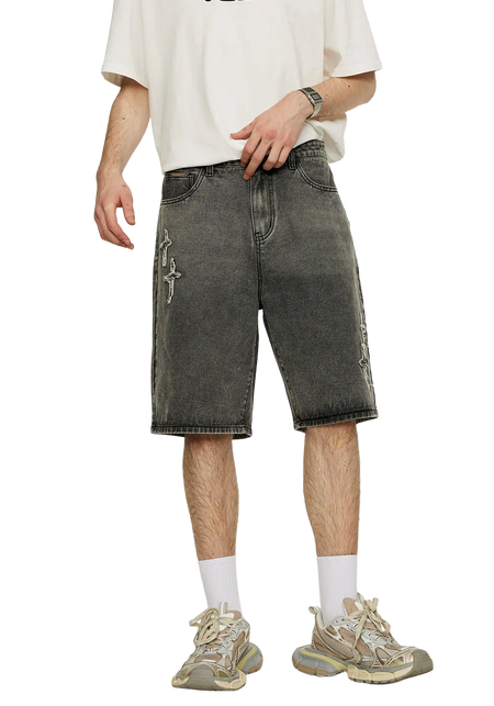 Patchwork Cross Star Embroidered Denim Shorts - PSYLOS 1, Patchwork Cross Star Embroidered Denim Shorts, Shorts, iconslab, PSYLOS 1