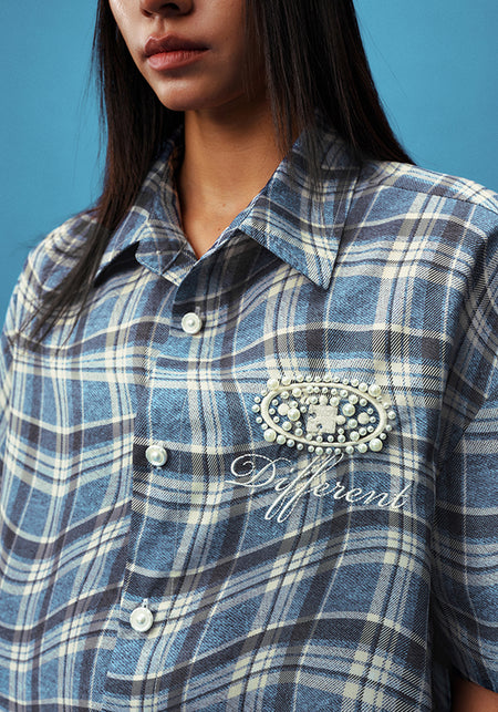 YADcrew丨Denim Textured Distressed Plaid Short Sleeve Shirt - PSYLOS 1, YADcrew丨Denim Textured Distressed Plaid Short Sleeve Shirt, Shirts, YADcrew•JAPAN, PSYLOS 1