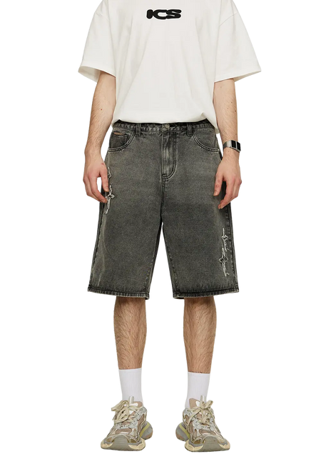 Patchwork Cross Star Embroidered Denim Shorts - PSYLOS 1, Patchwork Cross Star Embroidered Denim Shorts, Shorts, iconslab, PSYLOS 1