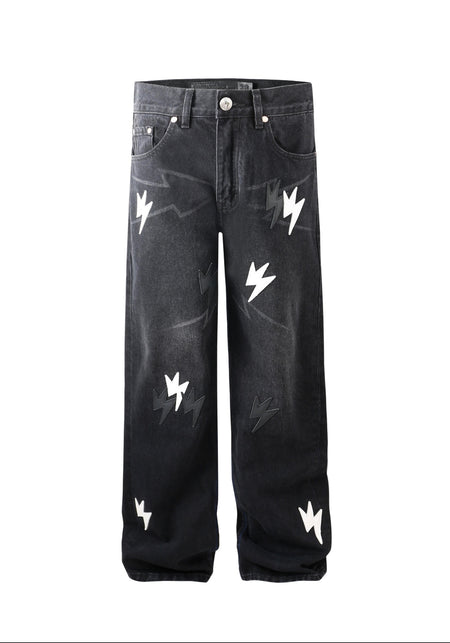AMEXNOCAP丨Black and White Lightning Patch Straight-Leg Jeans - PSYLOS 1, AMEXNOCAP丨Black and White Lightning Patch Straight-Leg Jeans, Jeans, Amexnocap, PSYLOS 1