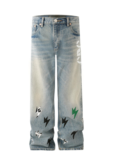 AMEXNOCAP丨Panda Lightning Leather Straight-Wash Jeans - PSYLOS 1, AMEXNOCAP丨Panda Lightning Leather Straight-Wash Jeans, Jeans, Amexnocap, PSYLOS 1
