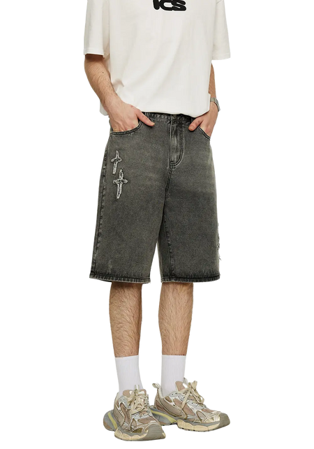 Patchwork Cross Star Embroidered Denim Shorts - PSYLOS 1, Patchwork Cross Star Embroidered Denim Shorts, Shorts, iconslab, PSYLOS 1