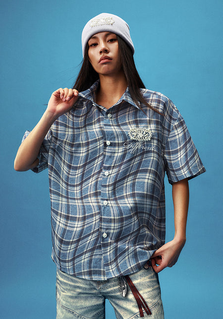 YADcrew丨Denim Textured Distressed Plaid Short Sleeve Shirt - PSYLOS 1, YADcrew丨Denim Textured Distressed Plaid Short Sleeve Shirt, Shirts, YADcrew•JAPAN, PSYLOS 1