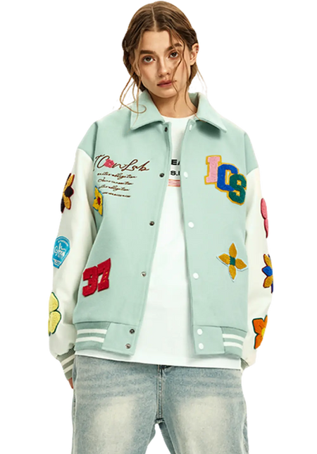 Flower Contrast Lapel Baseball Jersey - PSYLOS 1, Flower Contrast Lapel Baseball Jersey, Jacket, iconslab, PSYLOS 1