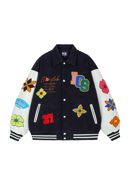 Flower Contrast Lapel Baseball Jersey - PSYLOS 1, Flower Contrast Lapel Baseball Jersey, Jacket, iconslab, PSYLOS 1