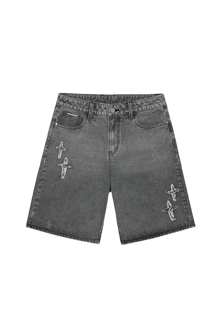Patchwork Cross Star Embroidered Denim Shorts - PSYLOS 1, Patchwork Cross Star Embroidered Denim Shorts, Shorts, iconslab, PSYLOS 1
