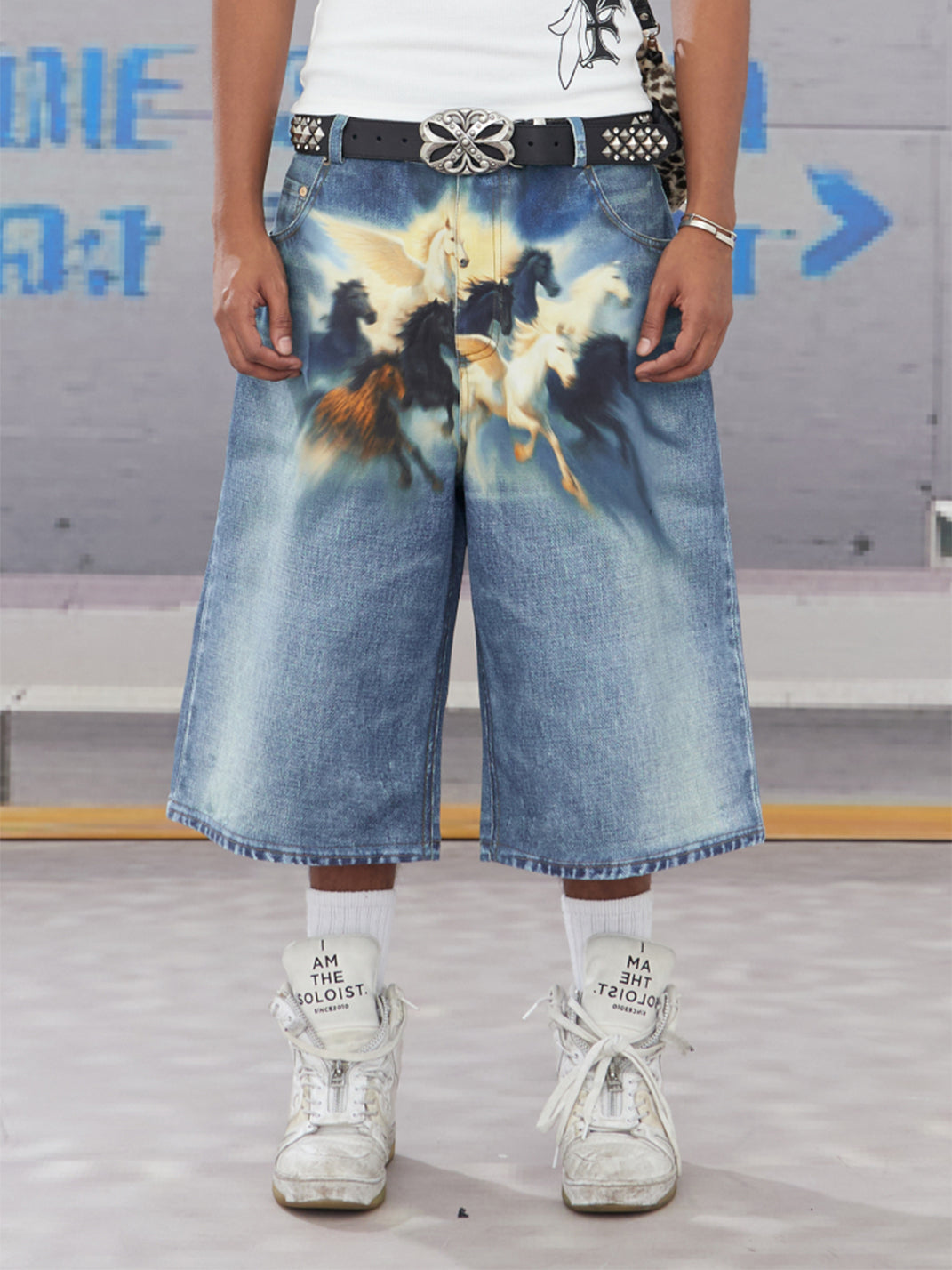 DND4DES | Oil Painting Horse Print Shorts - PSYLOS 1, DND4DES | Oil Painting Horse Print Shorts, Denim Shorts, DND4DES•JAPAN, PSYLOS 1