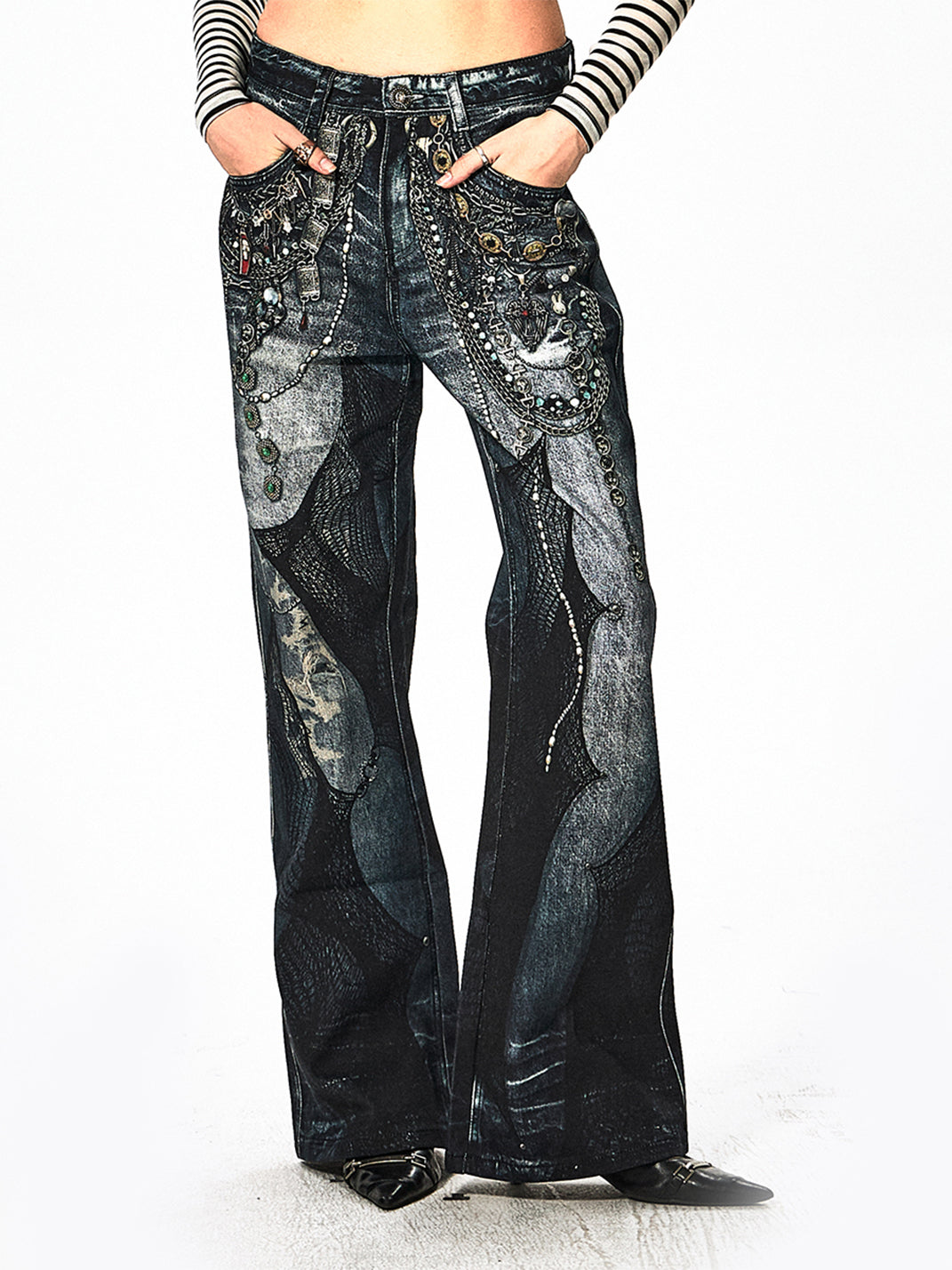 DND4DES | Chain Lace Flared Printed Jeans - PSYLOS 1, DND4DES | Chain Lace Flared Printed Jeans, Jeans, DND4DES•JAPAN, PSYLOS 1