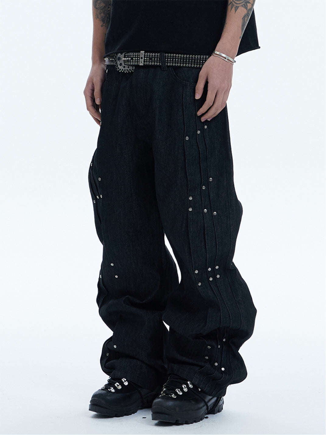 DND4DES | Asymmetrical Rivet Pleated Denim Pants - PSYLOS 1, DND4DES | Asymmetrical Rivet Pleated Denim Pants, Pants, DND4DES•JAPAN, PSYLOS 1