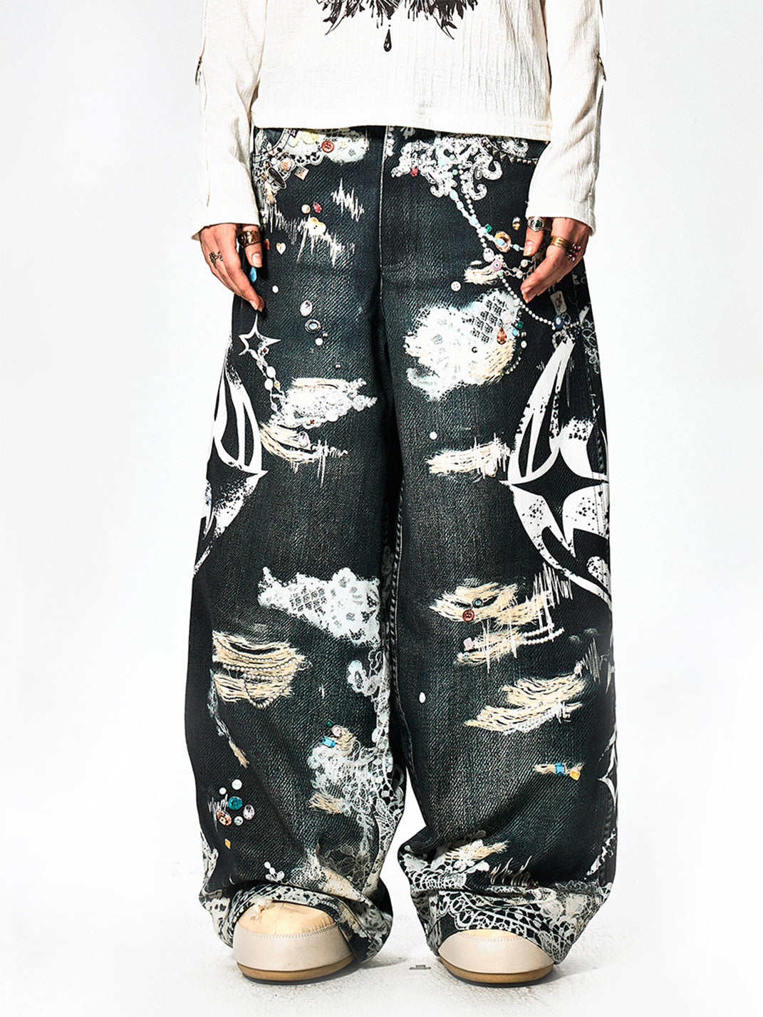 DND4DES | Lace Wide Leg Printed Jeans - PSYLOS 1, DND4DES | Lace Wide Leg Printed Jeans, Jeans, DND4DES•JAPAN, PSYLOS 1