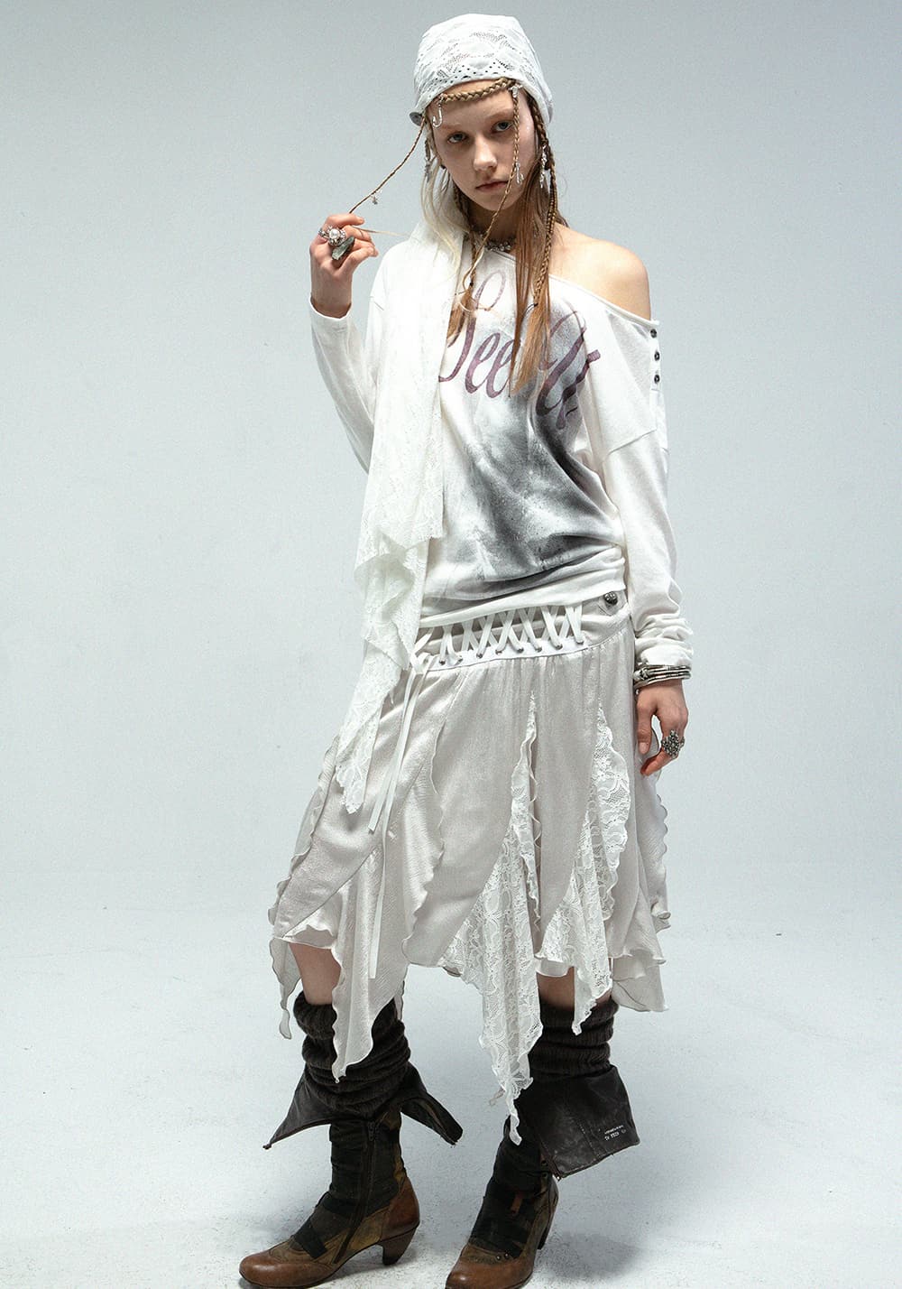 DOUBLEPUNCH丨Metallic Ruffle Lace Irregular Skirt - PSYLOS 1, DOUBLEPUNCH丨Metallic Ruffle Lace Irregular Skirt, Skirts, DOUBLEPUNCH, PSYLOS 1