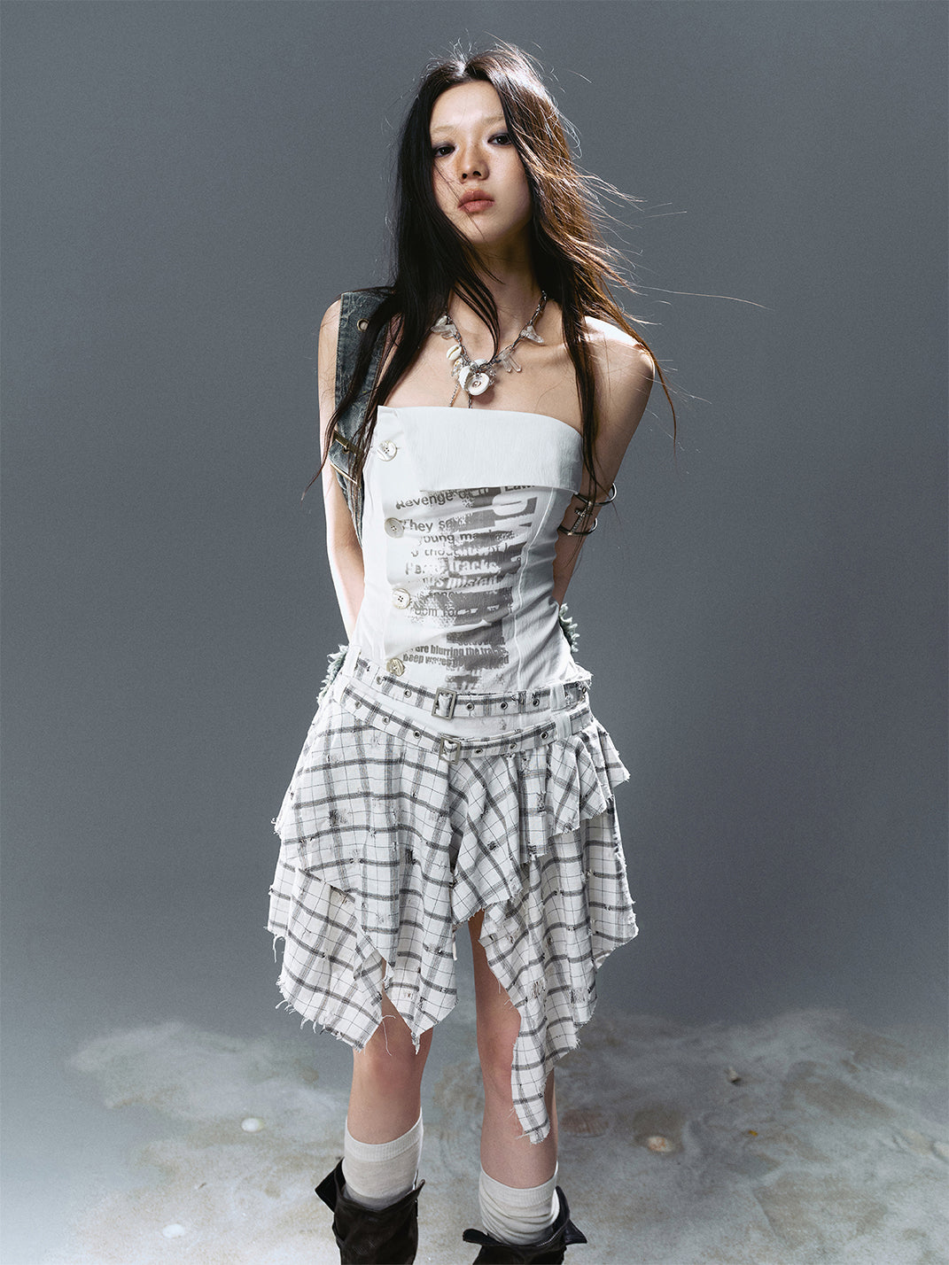 CestNous｜Women's Graffiti Patchwork Plaid Dress-White - PSYLOS 1, CestNous｜Women's Graffiti Patchwork Plaid Dress-White, Dress, CestNous, PSYLOS 1