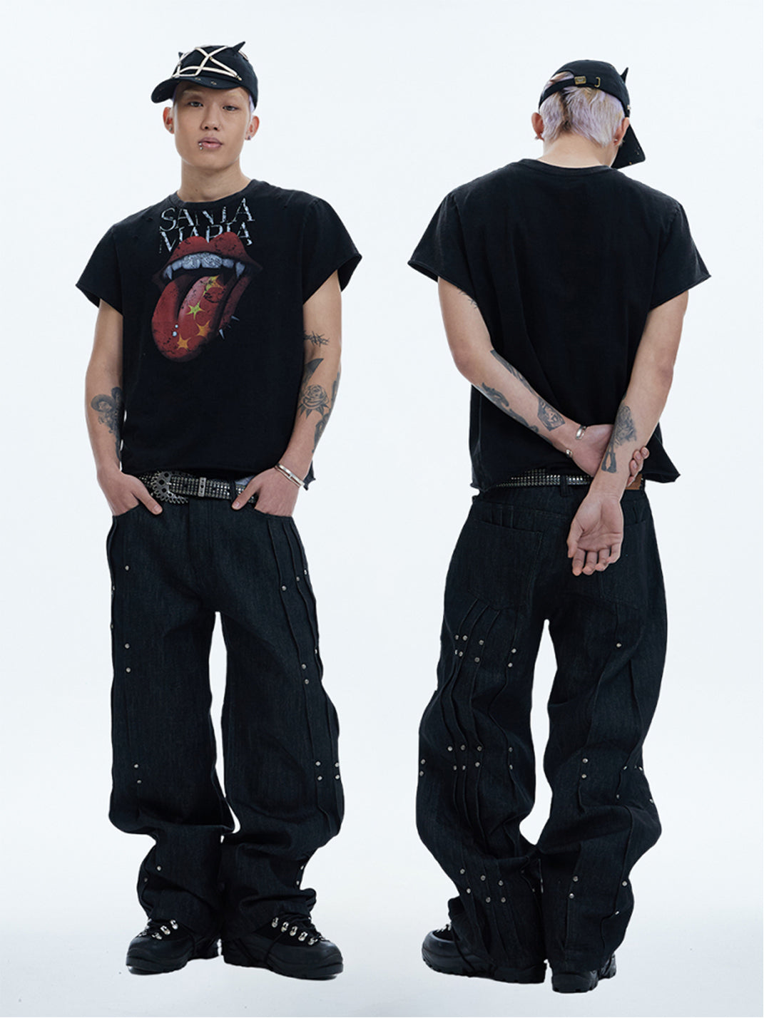 DND4DES | Asymmetrical Rivet Pleated Denim Pants - PSYLOS 1, DND4DES | Asymmetrical Rivet Pleated Denim Pants, Pants, DND4DES•JAPAN, PSYLOS 1