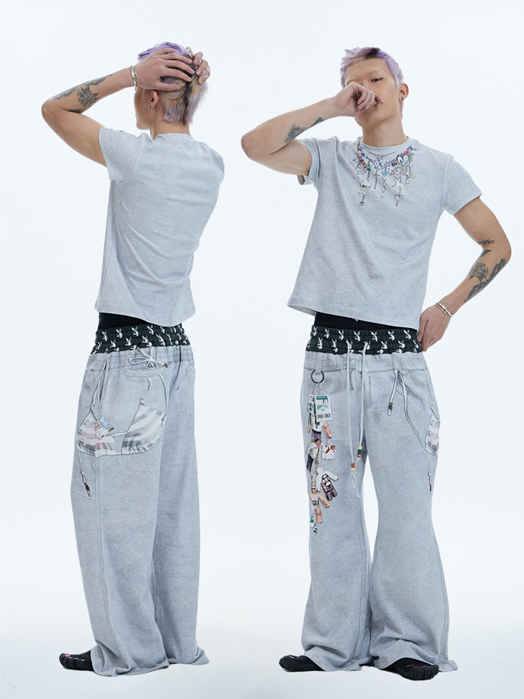 DND4DES | Bikini Print Double Waist Flare Pants - PSYLOS 1, DND4DES | Bikini Print Double Waist Flare Pants, Pants, DND4DES•JAPAN, PSYLOS 1