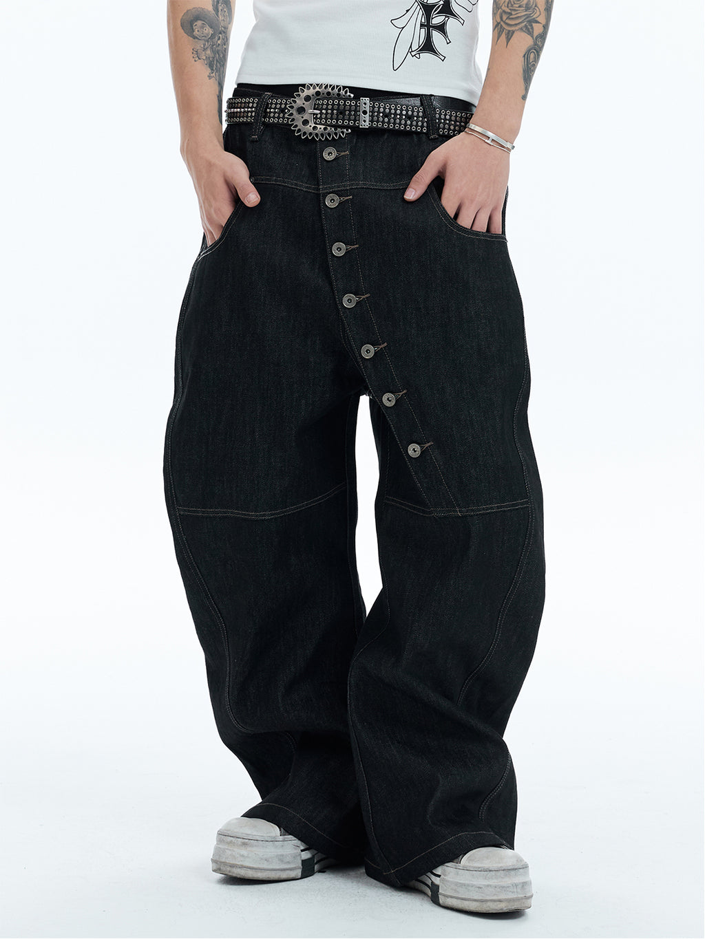 DND4DES | Curved Button Fly Baggy Raw Jeans - PSYLOS 1, DND4DES | Curved Button Fly Baggy Raw Jeans, Pants, DND4DES•JAPAN, PSYLOS 1
