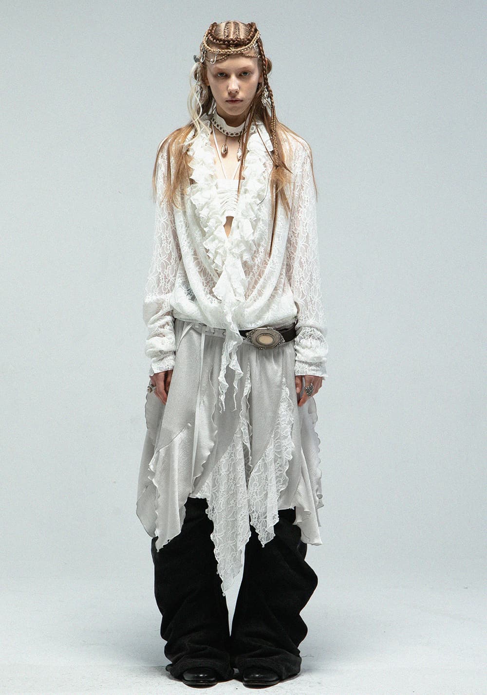 DOUBLEPUNCH丨Romantic Ruffle Lace Top with Draped V-Neck - PSYLOS 1, DOUBLEPUNCH丨Romantic Ruffle Lace Top with Draped V-Neck, Blouses, DOUBLEPUNCH, PSYLOS 1