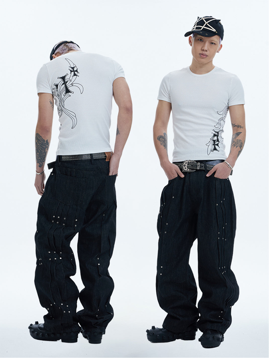 DND4DES | Asymmetrical Rivet Pleated Denim Pants - PSYLOS 1, DND4DES | Asymmetrical Rivet Pleated Denim Pants, Pants, DND4DES•JAPAN, PSYLOS 1