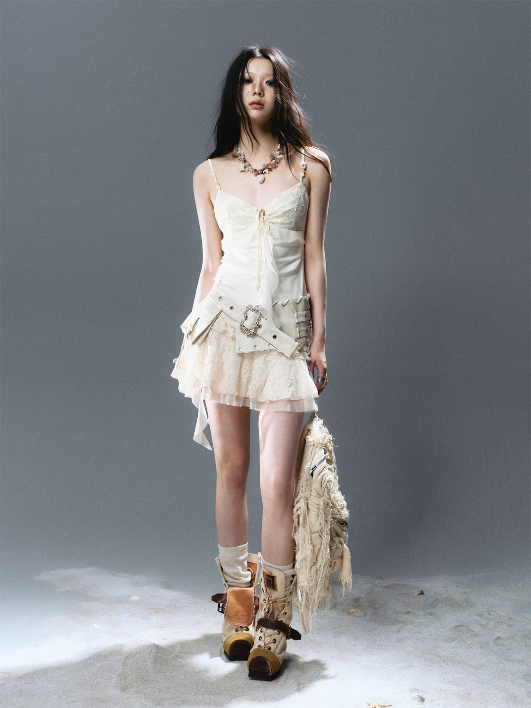 CestNous｜Ruffled Mesh Strap Dress with Belt-White - PSYLOS 1, CestNous｜Ruffled Mesh Strap Dress with Belt-White, Dress, CestNous, PSYLOS 1