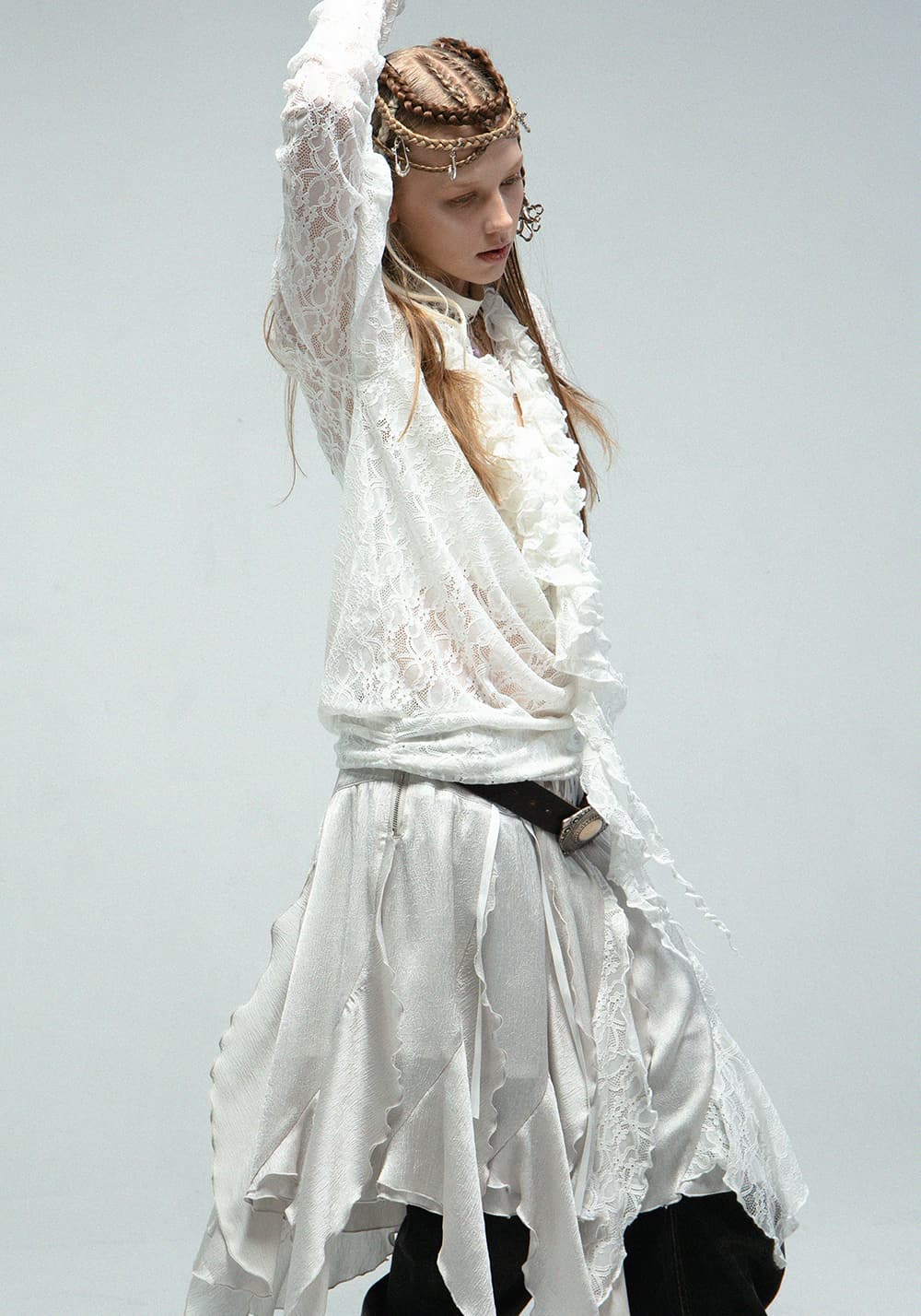 DOUBLEPUNCH丨Metallic Ruffle Lace Irregular Skirt - PSYLOS 1, DOUBLEPUNCH丨Metallic Ruffle Lace Irregular Skirt, Skirts, DOUBLEPUNCH, PSYLOS 1