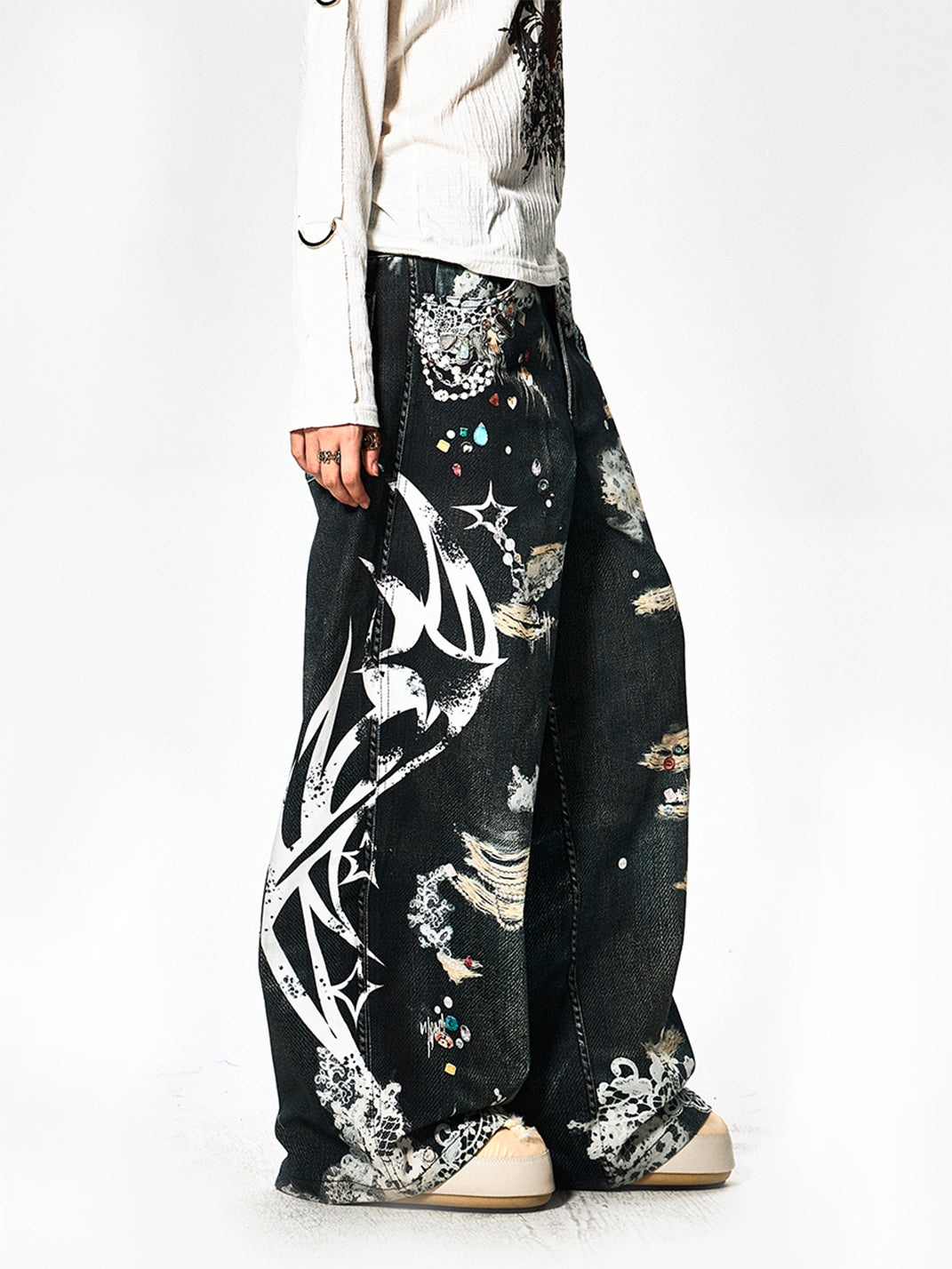 DND4DES | Lace Wide Leg Printed Jeans - PSYLOS 1, DND4DES | Lace Wide Leg Printed Jeans, Jeans, DND4DES•JAPAN, PSYLOS 1