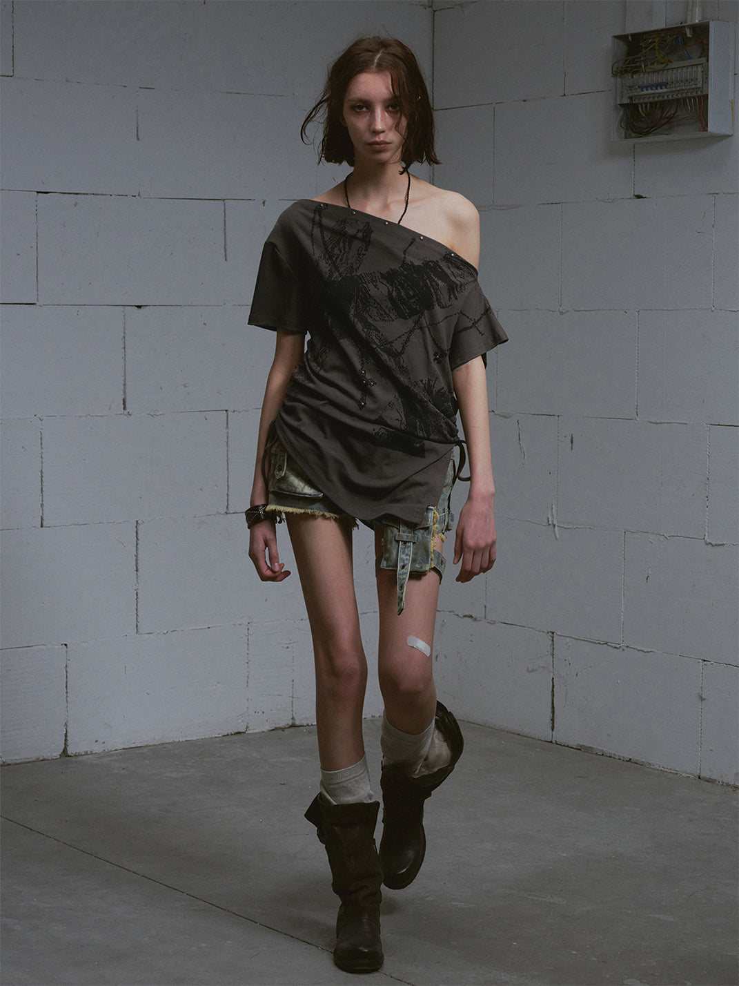 CestNous｜Off Shoulder Drawstring Oversize Print Tee-Gray - PSYLOS 1, CestNous｜Off Shoulder Drawstring Oversize Print Tee-Gray, T-Shirt, CestNous, PSYLOS 1