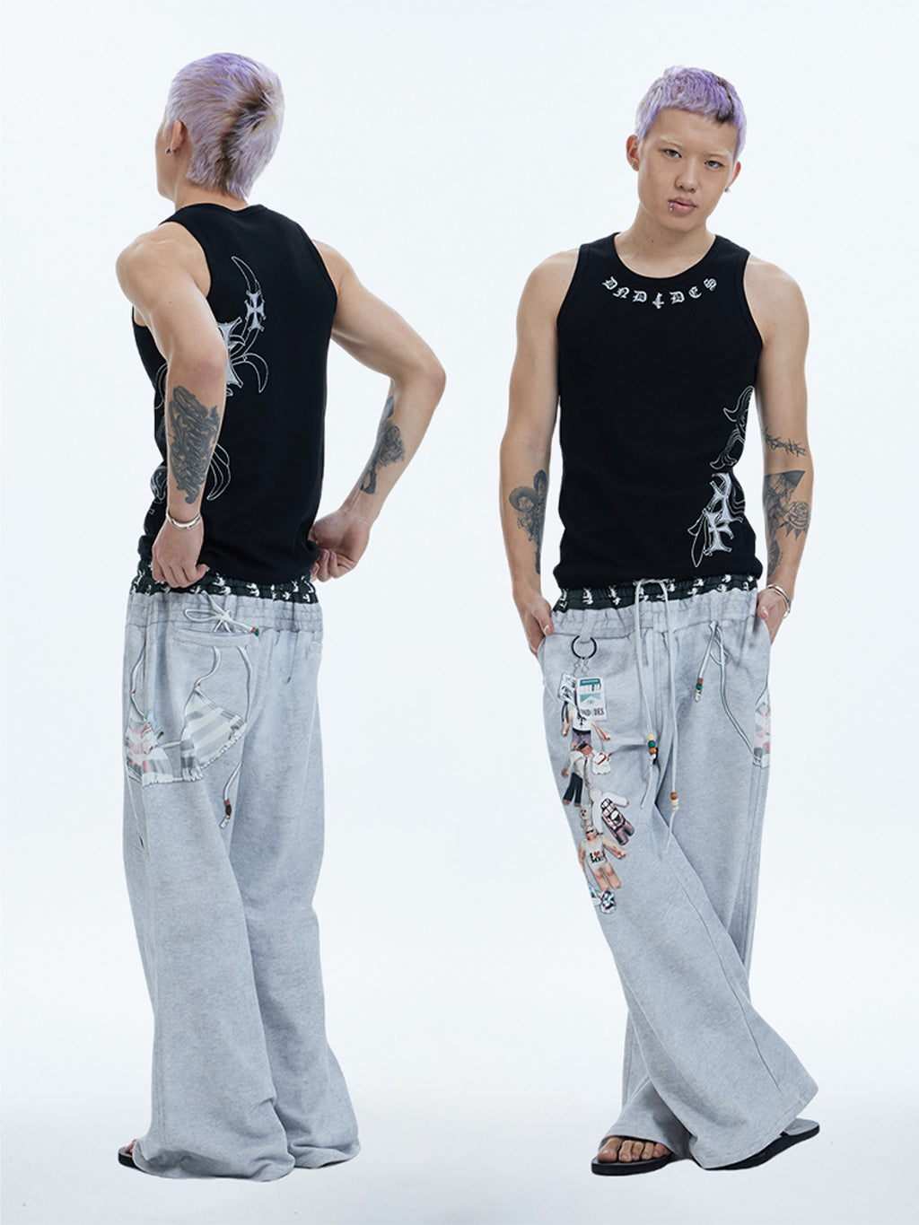 DND4DES | Bikini Print Double Waist Flare Pants - PSYLOS 1, DND4DES | Bikini Print Double Waist Flare Pants, Pants, DND4DES•JAPAN, PSYLOS 1