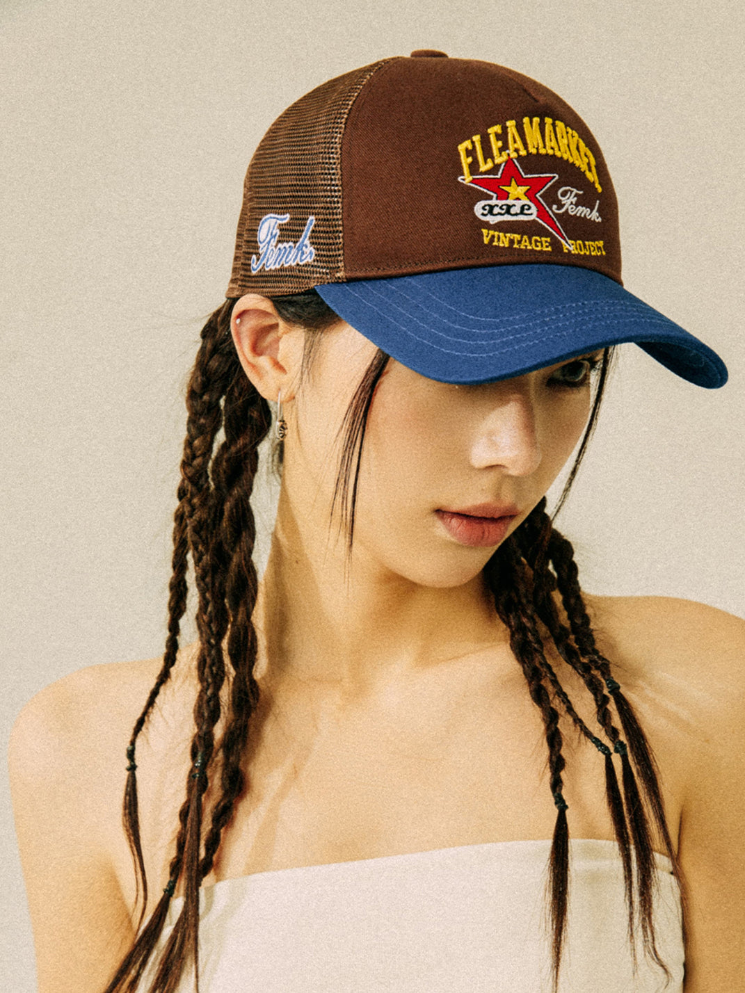 FLEAMARKET | Color Block Stitchwork Curve Brim Trucker Hat - PSYLOS 1, FLEAMARKET | Color Block Stitchwork Curve Brim Trucker Hat, Hats, FLEAMARKET, PSYLOS 1