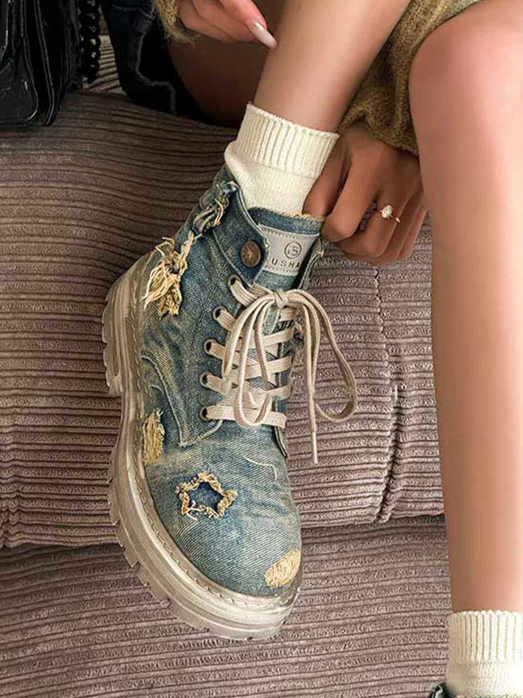 GSL | Ripped Demin Platform Boots with Ribbons - PSYLOS 1, GSL | Ripped Demin Platform Boots with Ribbons, Women's Shoes, GSL, PSYLOS 1