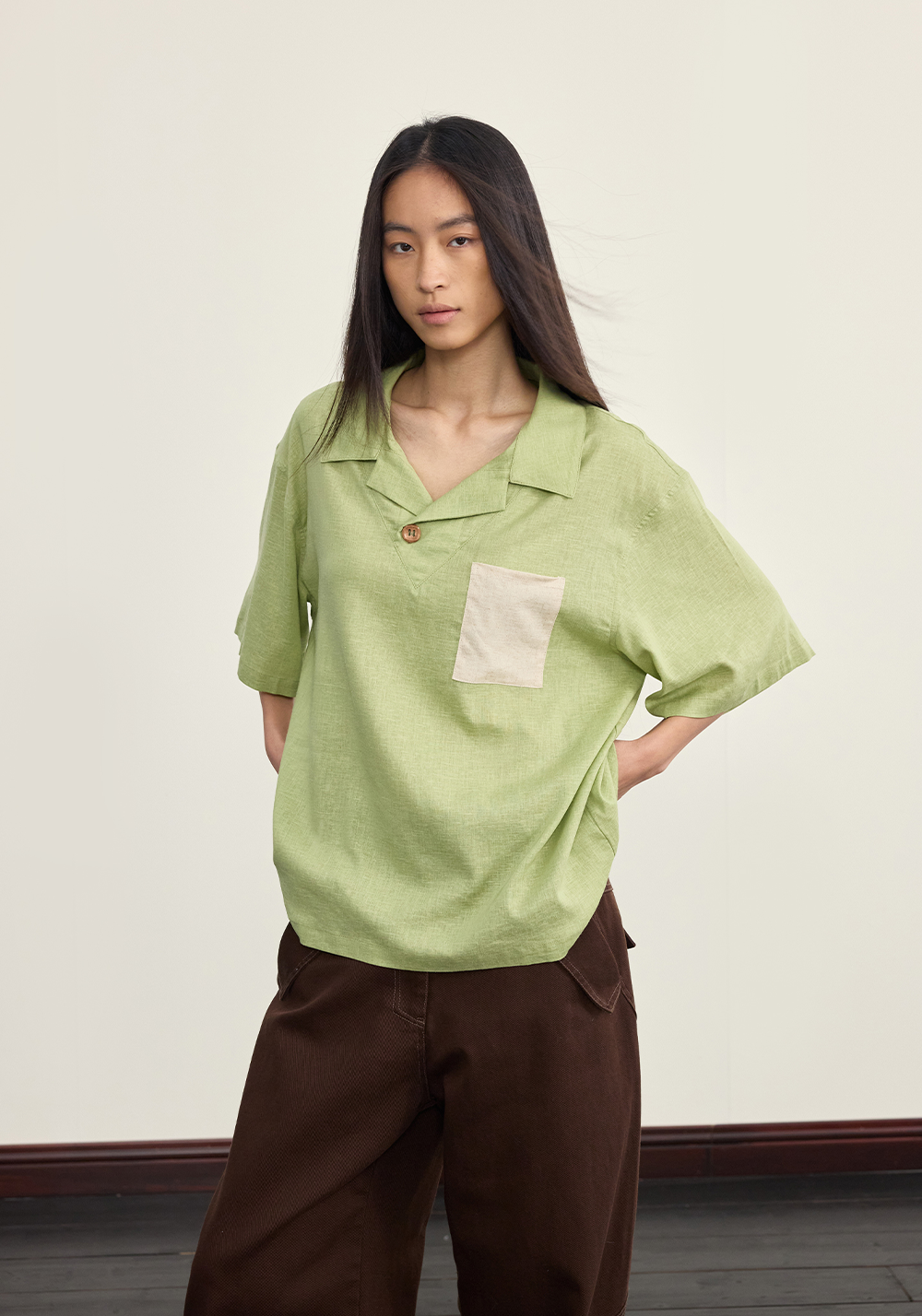 NyDkyel丨Cuban Collar Linen Tee - Contrast Pocket-Green - PSYLOS 1, NyDkyel丨Cuban Collar Linen Tee - Contrast Pocket-Green, T-Shirt, NyDkyel, PSYLOS 1