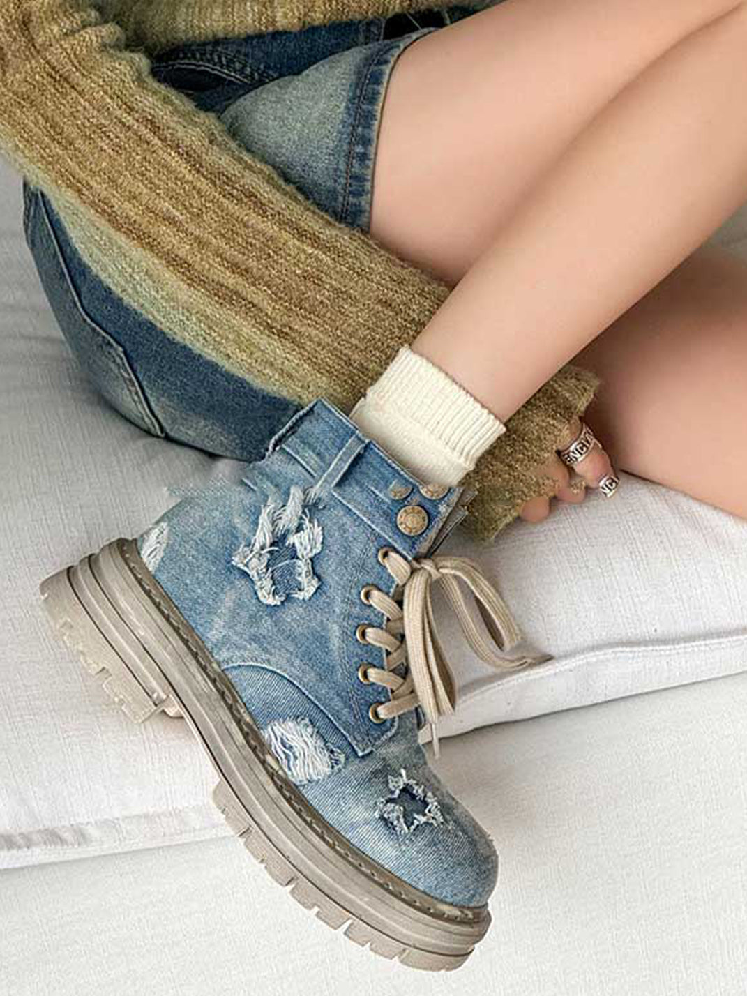 GSL | Ripped Demin Platform Boots with Ribbons - PSYLOS 1, GSL | Ripped Demin Platform Boots with Ribbons, Women's Shoes, GSL, PSYLOS 1