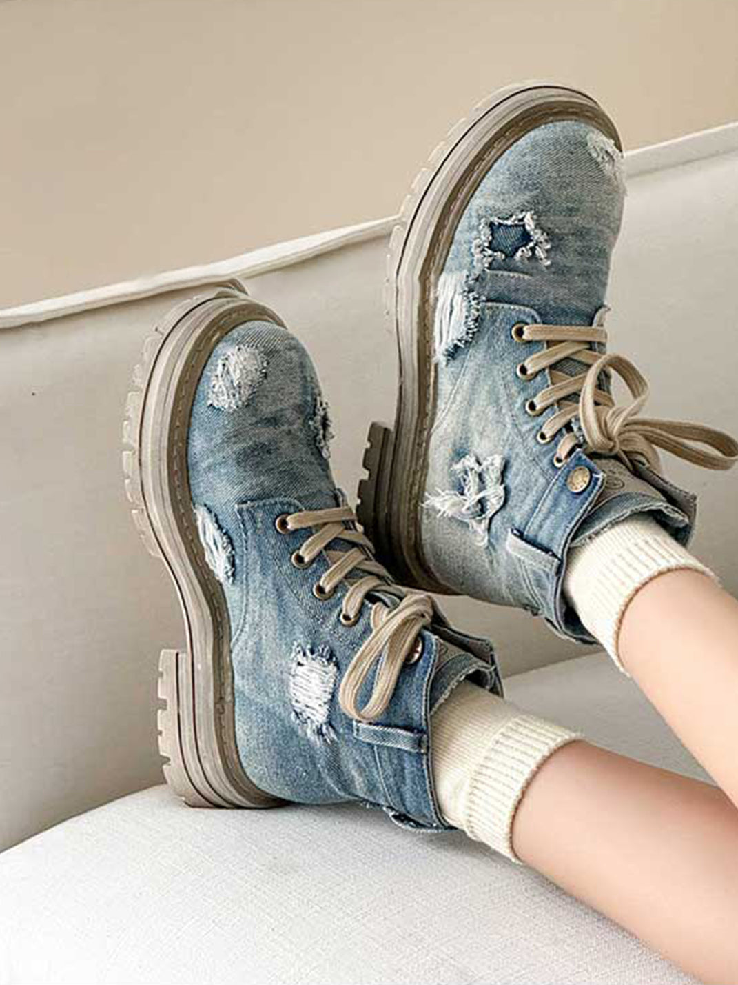 GSL | Ripped Demin Platform Boots with Ribbons - PSYLOS 1, GSL | Ripped Demin Platform Boots with Ribbons, Women's Shoes, GSL, PSYLOS 1