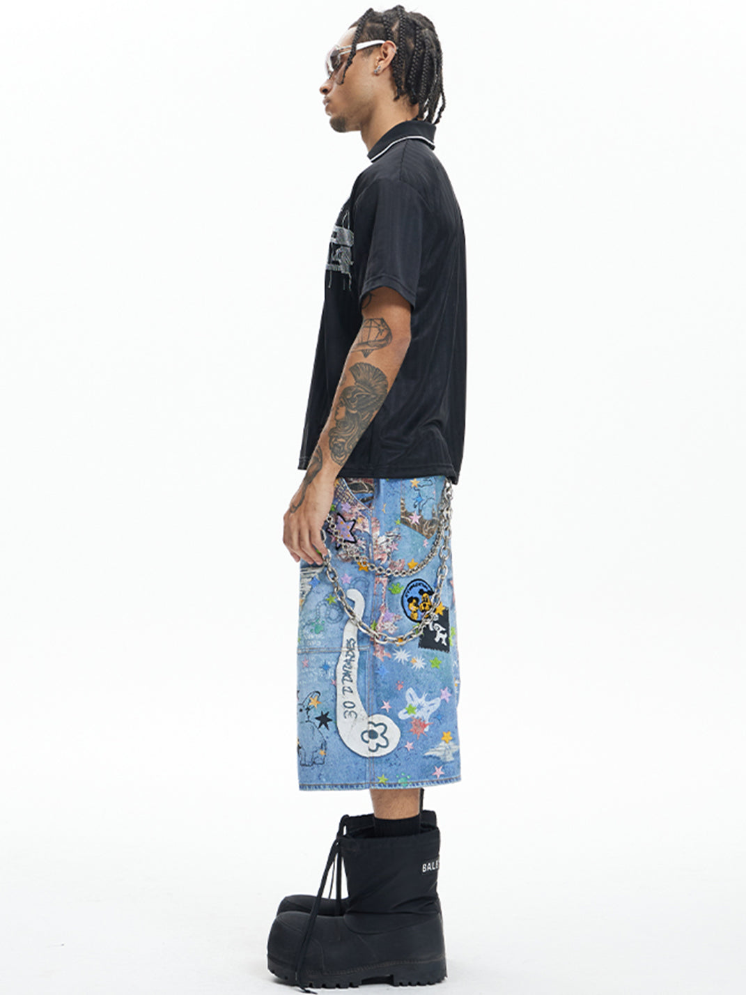 DND4DES | Cartoon Graphic Printed Denim Shorts - PSYLOS 1, DND4DES | Cartoon Graphic Printed Denim Shorts, Jeans, DND4DES•JAPAN, PSYLOS 1