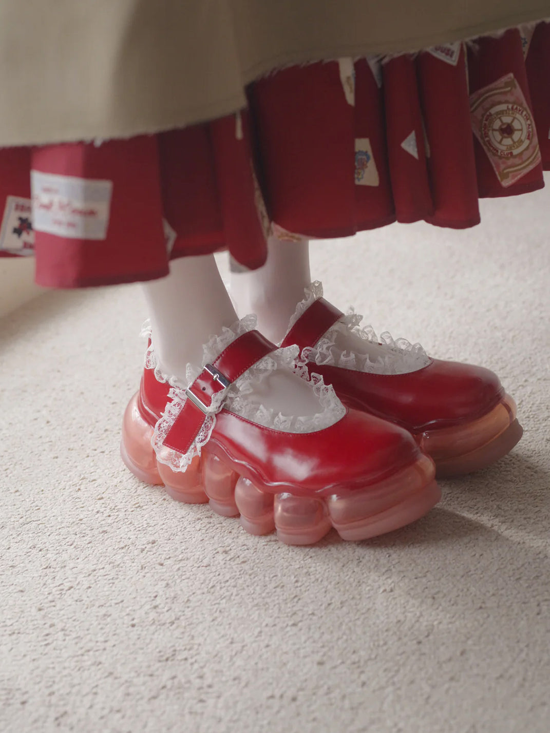 Lace Chunky Mary Jane Color Strap Shoes-Red - PSYLOS 1, Lace Chunky Mary Jane Color Strap Shoes-Red, Mary Jane shoes, MIKIOSAKABE, PSYLOS 1