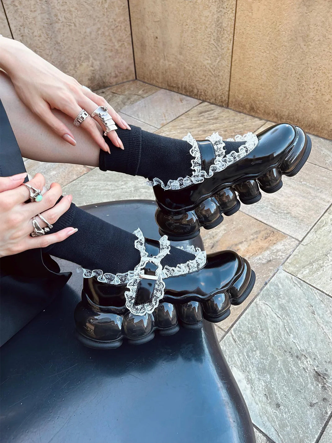 Lace Chunky Mary Jane Color Strap Shoes-Black - PSYLOS 1, Lace Chunky Mary Jane Color Strap Shoes-Black, Mary Jane shoes, MIKIOSAKABE, PSYLOS 1