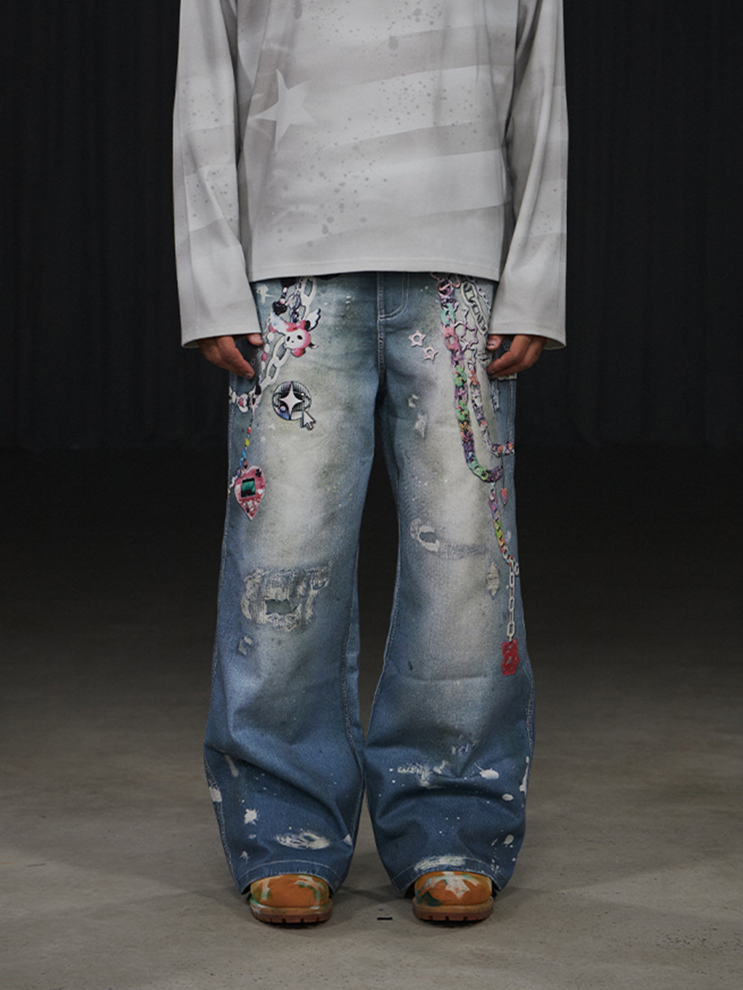 DND4DES | Cartoon Chain Print Wide Jeans - PSYLOS 1, DND4DES | Cartoon Chain Print Wide Jeans, Jeans, DND4DES•JAPAN, PSYLOS 1