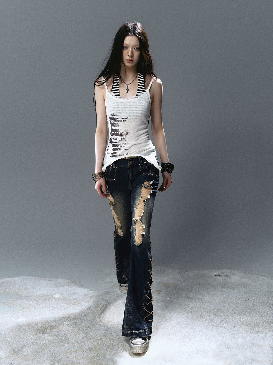 CestNous｜Women's Silver Foil Low Waist Flared Jeans - PSYLOS 1, CestNous｜Women's Silver Foil Low Waist Flared Jeans, Pants, CestNous, PSYLOS 1