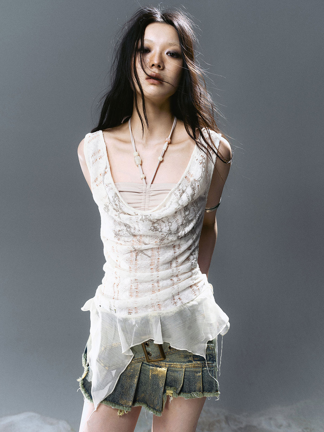 CestNous｜Beaded Chiffon Cutout Cowl Neck Top-White - PSYLOS 1, CestNous｜Beaded Chiffon Cutout Cowl Neck Top-White, Blouses, CestNous, PSYLOS 1