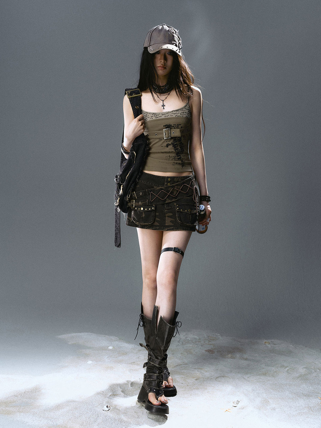 CestNous｜Women's Washed Studded Camouflage Mini Skirt - PSYLOS 1, CestNous｜Women's Washed Studded Camouflage Mini Skirt, Shorts, CestNous, PSYLOS 1