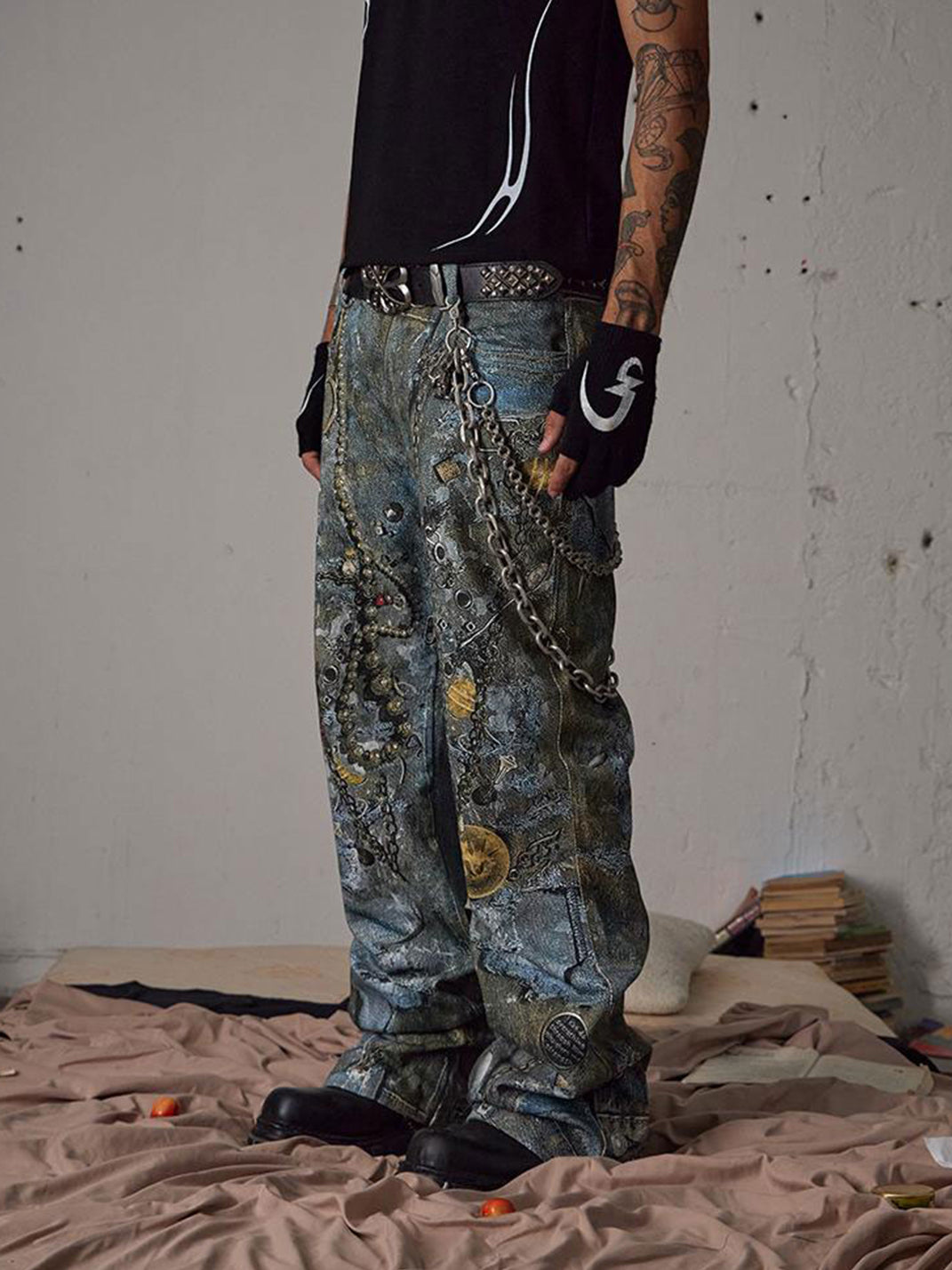 DND4DES | Distressed Chain Print Straight Jeans - PSYLOS 1, DND4DES | Distressed Chain Print Straight Jeans, Jeans, DND4DES•JAPAN, PSYLOS 1