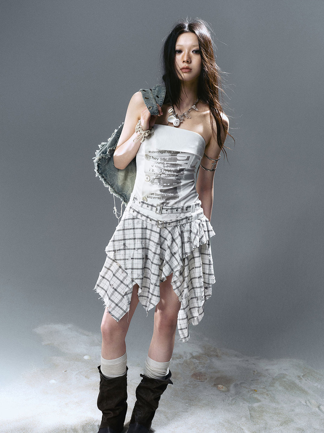 CestNous｜Women's Graffiti Patchwork Plaid Dress-White - PSYLOS 1, CestNous｜Women's Graffiti Patchwork Plaid Dress-White, Dress, CestNous, PSYLOS 1