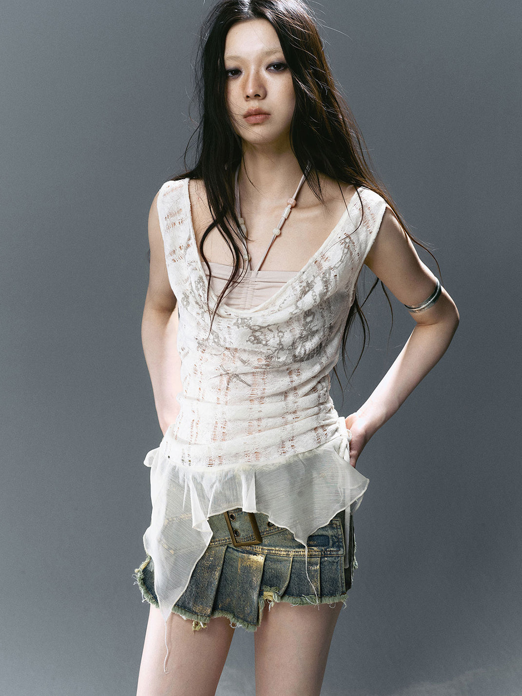 CestNous｜Beaded Chiffon Cutout Cowl Neck Top-White - PSYLOS 1, CestNous｜Beaded Chiffon Cutout Cowl Neck Top-White, Blouses, CestNous, PSYLOS 1