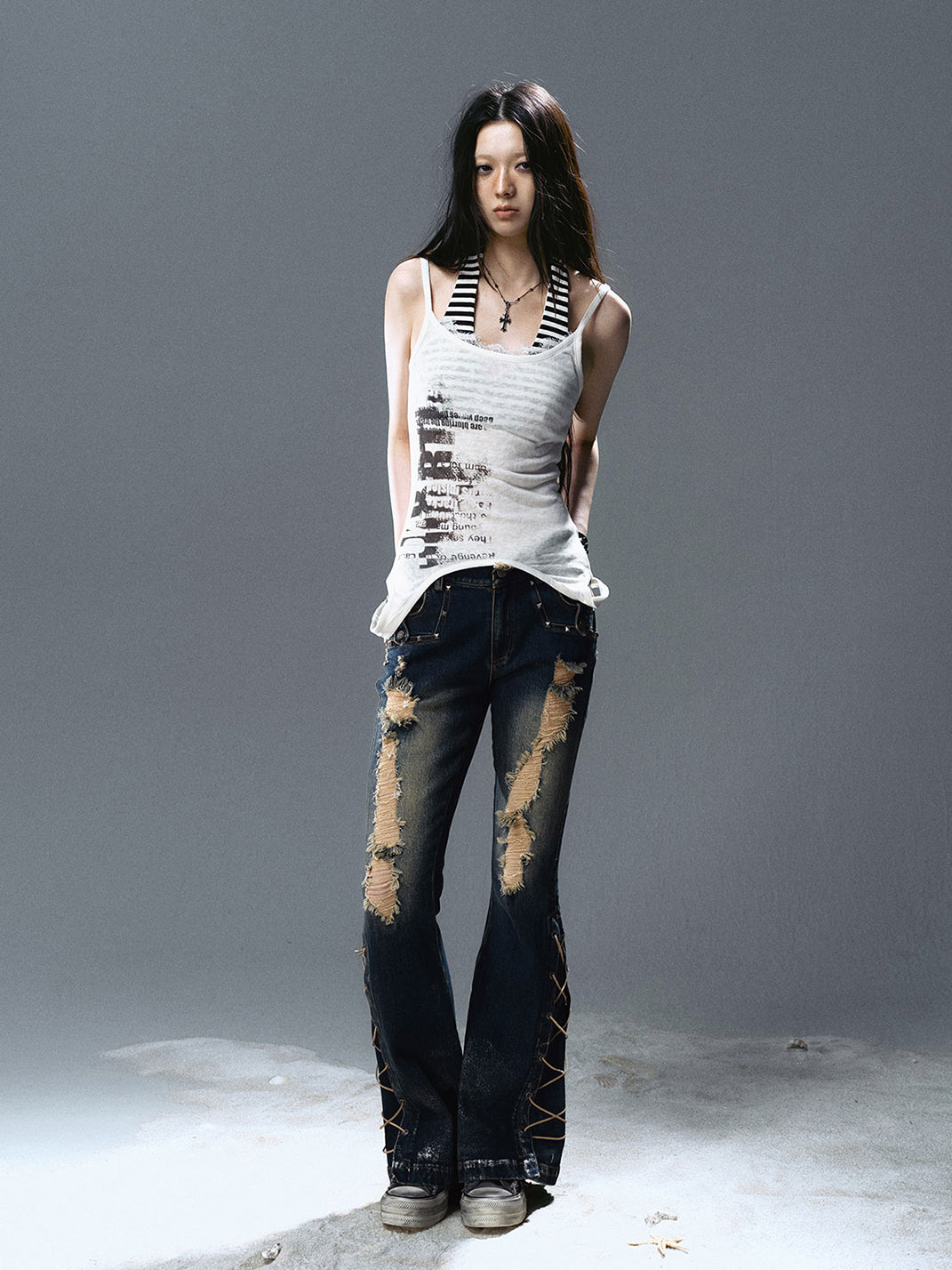 CestNous｜Women's Silver Foil Low Waist Flared Jeans - PSYLOS 1, CestNous｜Women's Silver Foil Low Waist Flared Jeans, Pants, CestNous, PSYLOS 1