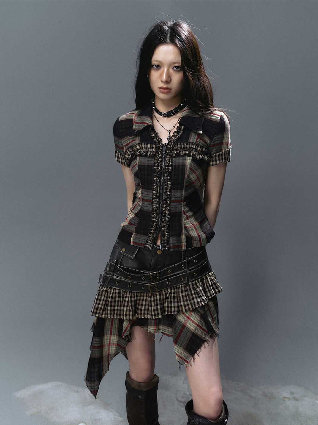 CestNous｜Asymmetric Gothic Plaid Skirt with PU Trim - PSYLOS 1, CestNous｜Asymmetric Gothic Plaid Skirt with PU Trim, Skirt, CestNous, PSYLOS 1