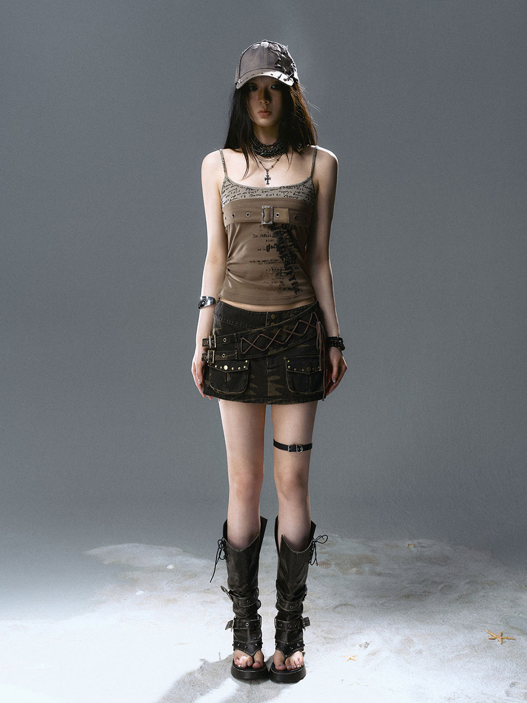 CestNous｜Women's Washed Studded Camouflage Mini Skirt - PSYLOS 1, CestNous｜Women's Washed Studded Camouflage Mini Skirt, Shorts, CestNous, PSYLOS 1