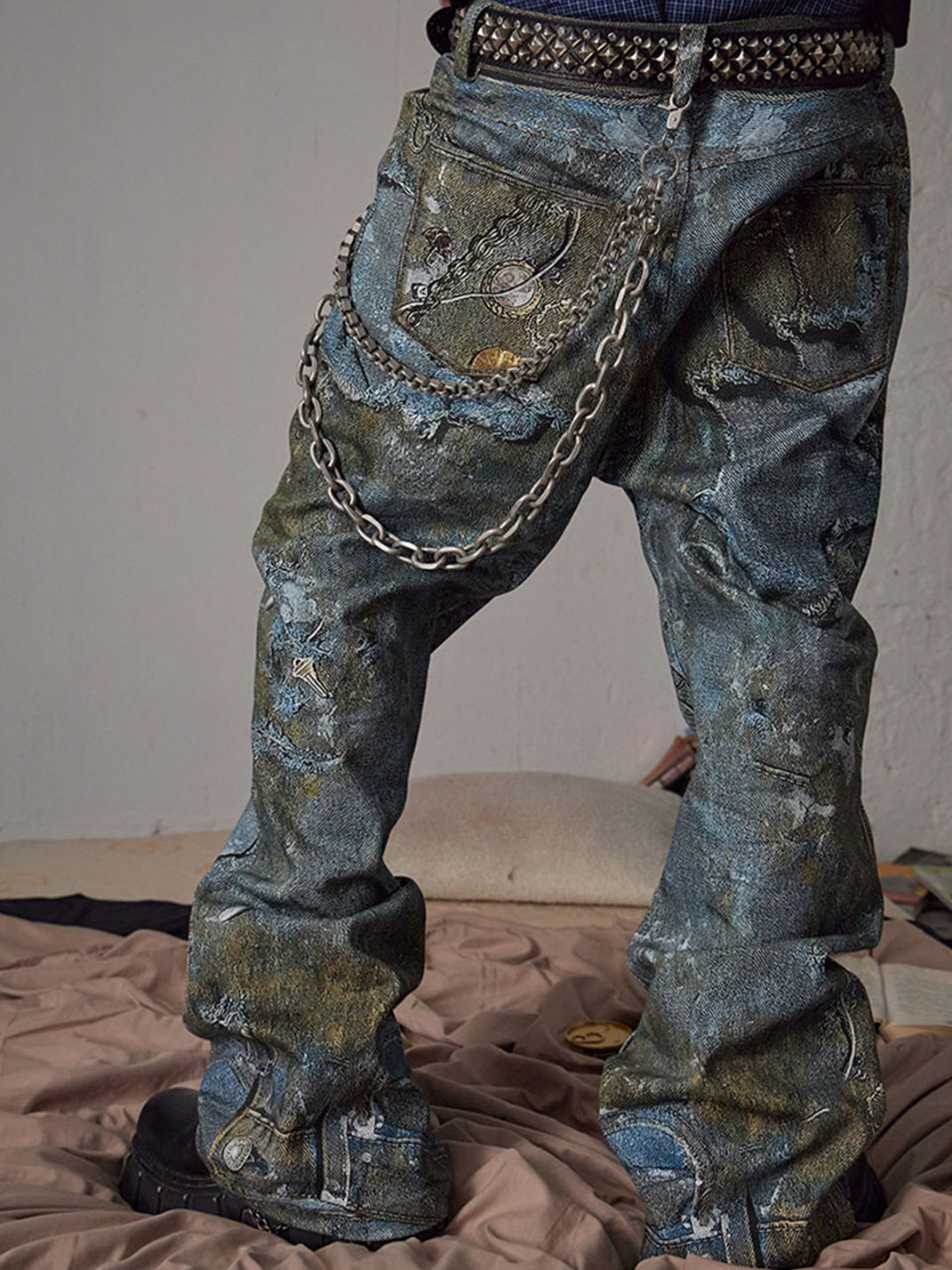 DND4DES | Distressed Chain Print Straight Jeans - PSYLOS 1, DND4DES | Distressed Chain Print Straight Jeans, Jeans, DND4DES•JAPAN, PSYLOS 1