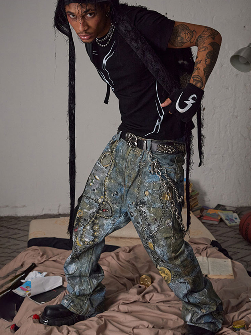 DND4DES | Distressed Chain Print Straight Jeans - PSYLOS 1, DND4DES | Distressed Chain Print Straight Jeans, Jeans, DND4DES•JAPAN, PSYLOS 1