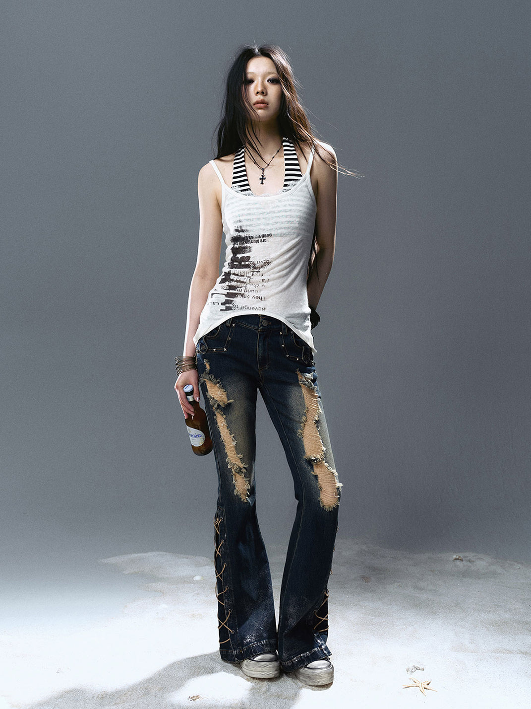 CestNous｜Women's Silver Foil Low Waist Flared Jeans - PSYLOS 1, CestNous｜Women's Silver Foil Low Waist Flared Jeans, Pants, CestNous, PSYLOS 1