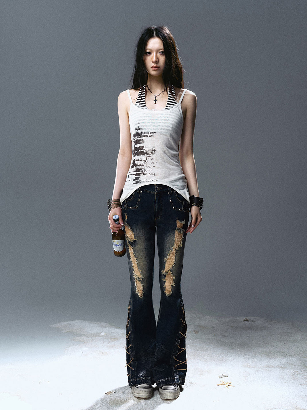 CestNous｜Women's Silver Foil Low Waist Flared Jeans - PSYLOS 1, CestNous｜Women's Silver Foil Low Waist Flared Jeans, Pants, CestNous, PSYLOS 1